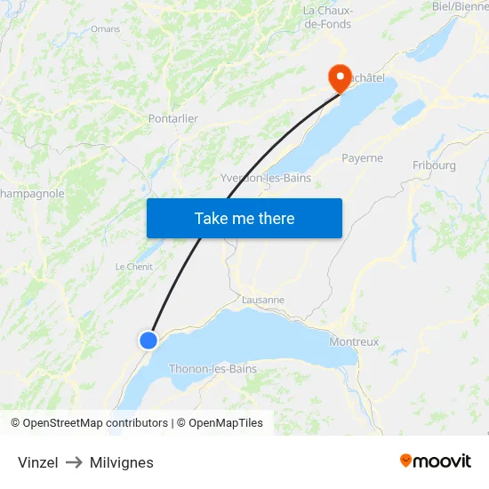 Vinzel to Milvignes map