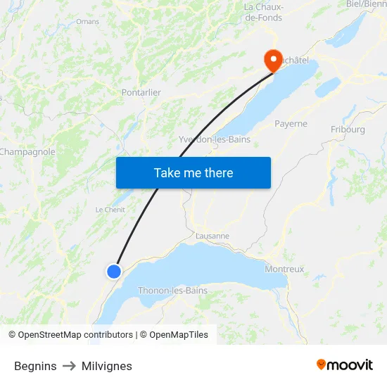 Begnins to Milvignes map