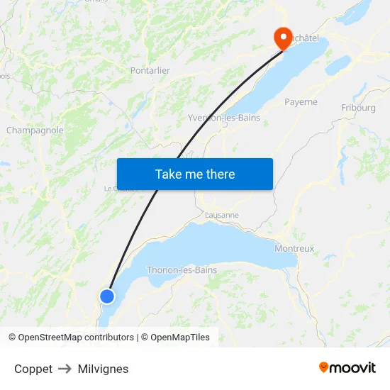 Coppet to Milvignes map
