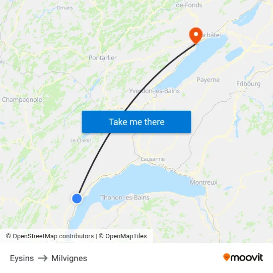 Eysins to Milvignes map