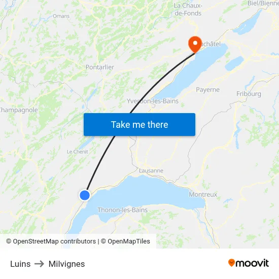 Luins to Milvignes map