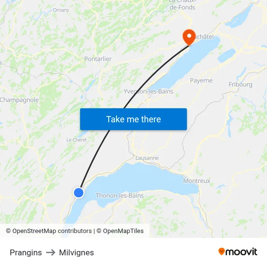 Prangins to Milvignes map