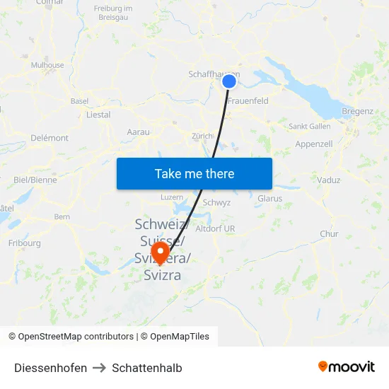 Diessenhofen to Schattenhalb map
