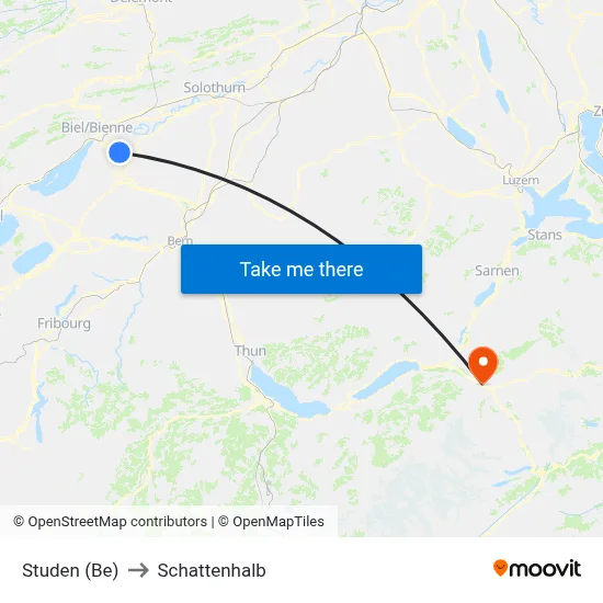 Studen (Be) to Schattenhalb map