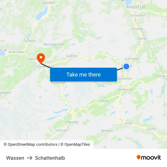 Wassen to Schattenhalb map
