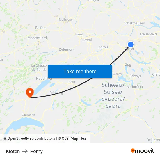 Kloten to Pomy map