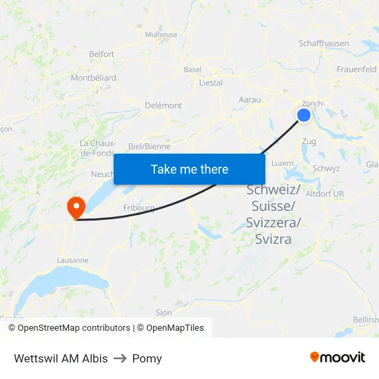 Wettswil AM Albis to Pomy map