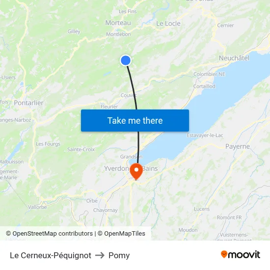 Le Cerneux-Péquignot to Pomy map