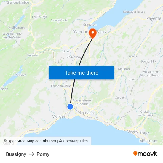 Bussigny to Pomy map