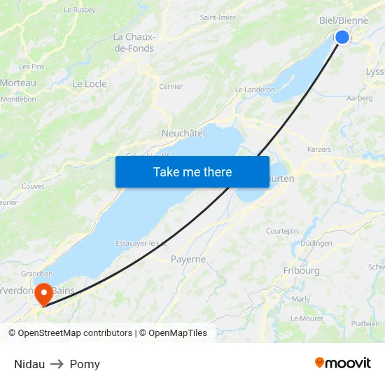Nidau to Pomy map