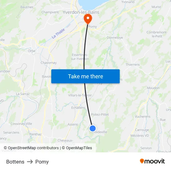 Bottens to Pomy map