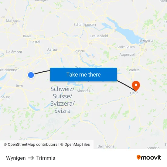 Wynigen to Trimmis map