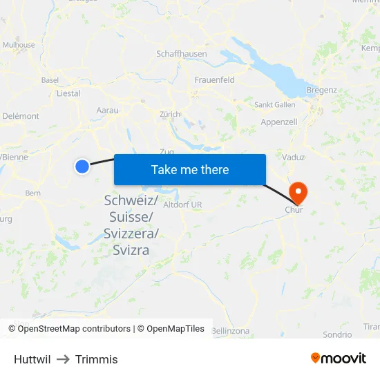 Huttwil to Trimmis map