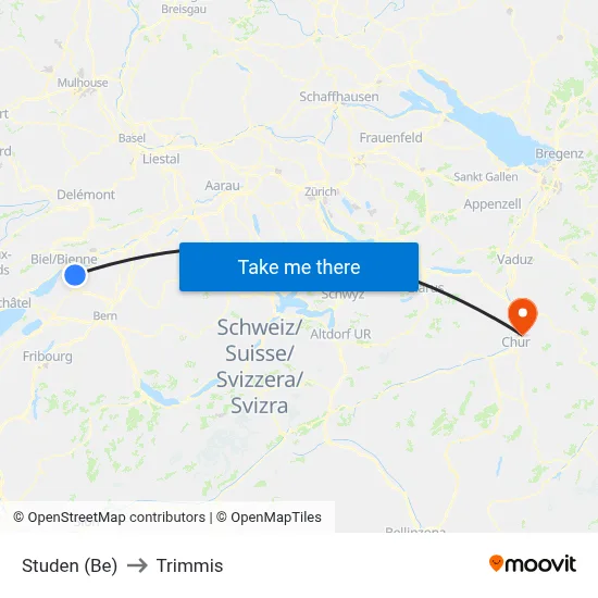 Studen (Be) to Trimmis map