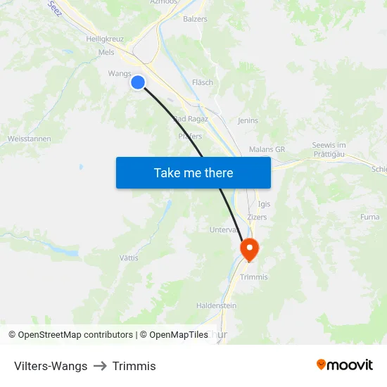 Vilters-Wangs to Trimmis map