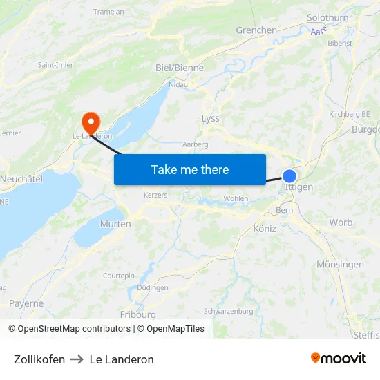 Zollikofen to Le Landeron map
