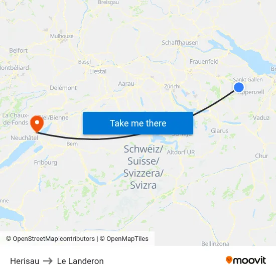 Herisau to Le Landeron map