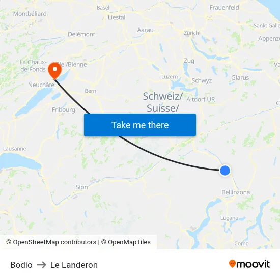 Bodio to Le Landeron map