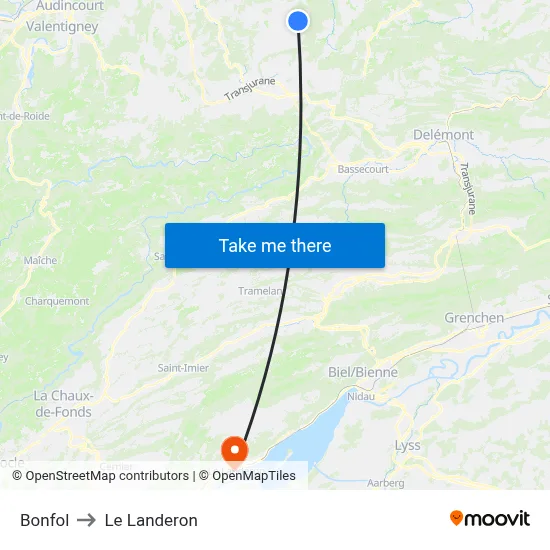 Bonfol to Le Landeron map