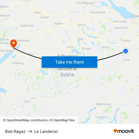 Bad Ragaz to Le Landeron map