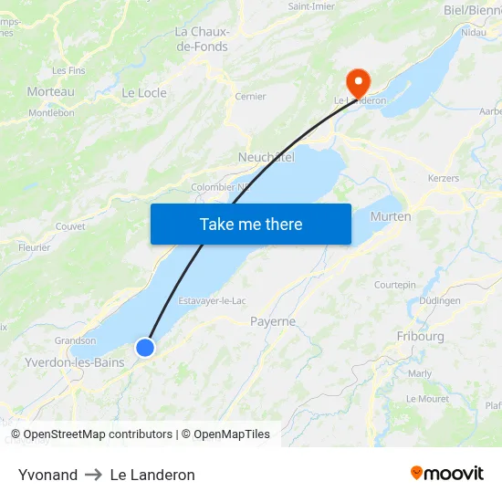 Yvonand to Le Landeron map