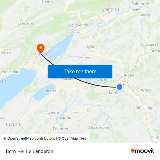 Bern to Le Landeron map