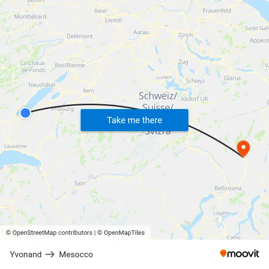 Yvonand to Mesocco map