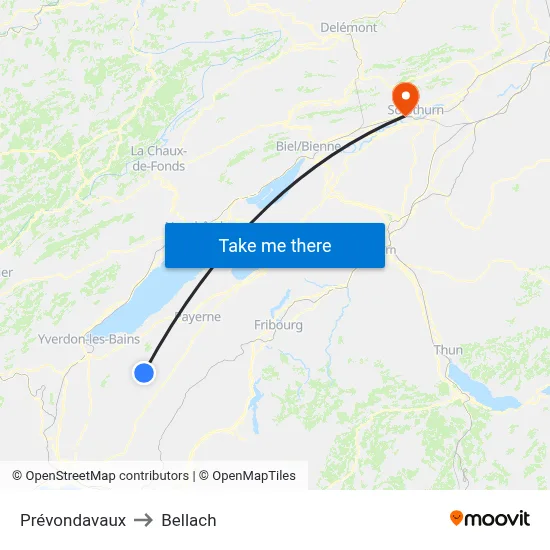 Prévondavaux to Bellach map