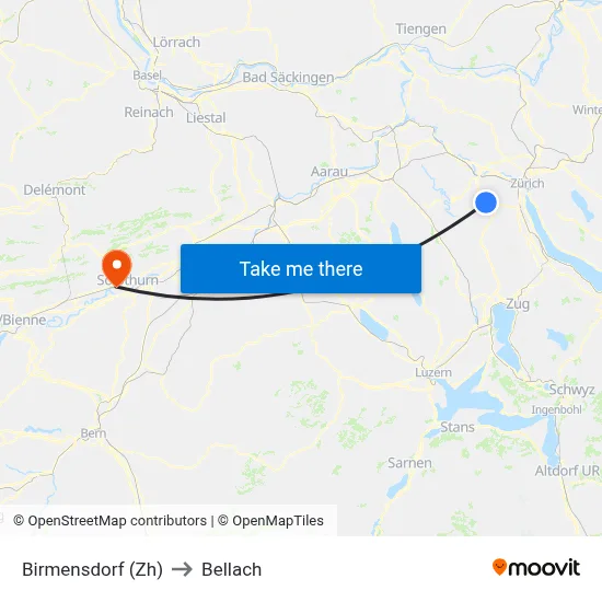 Birmensdorf (Zh) to Bellach map