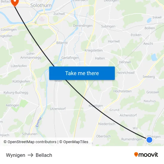 Wynigen to Bellach map