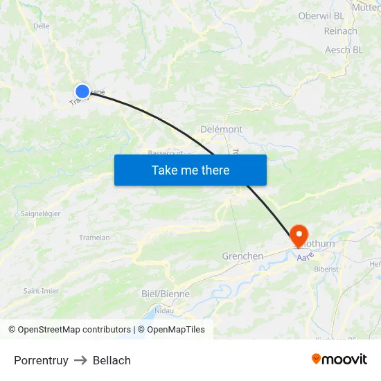 Porrentruy to Bellach map
