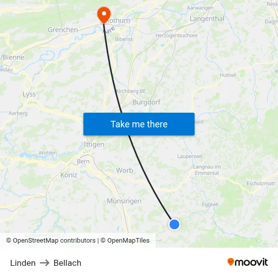 Linden to Bellach map