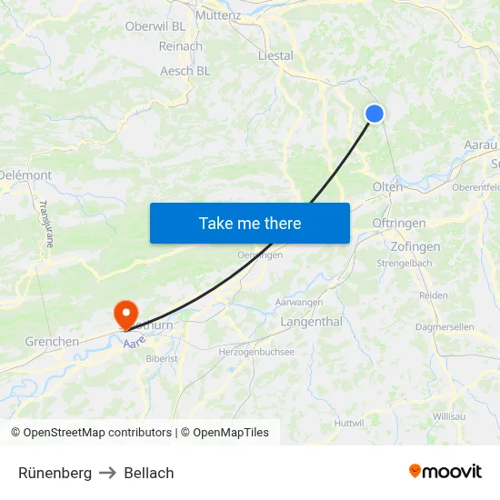 Rünenberg to Bellach map