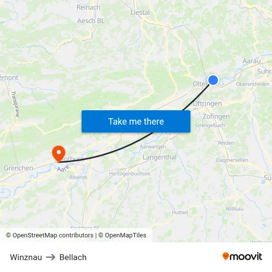 Winznau to Bellach map