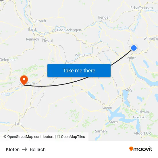 Kloten to Bellach map