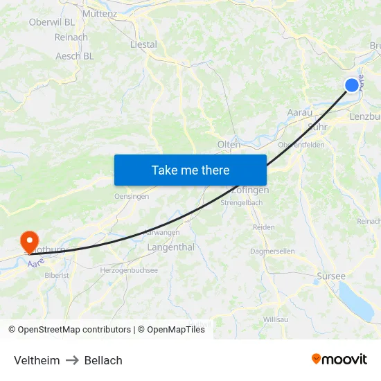 Veltheim to Bellach map