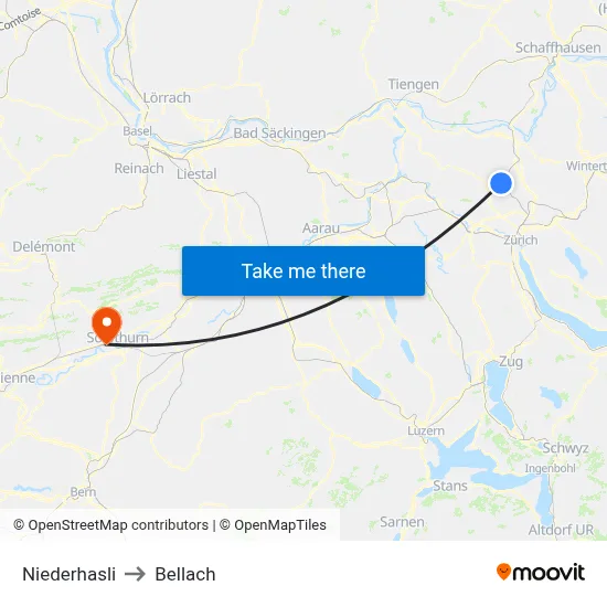 Niederhasli to Bellach map