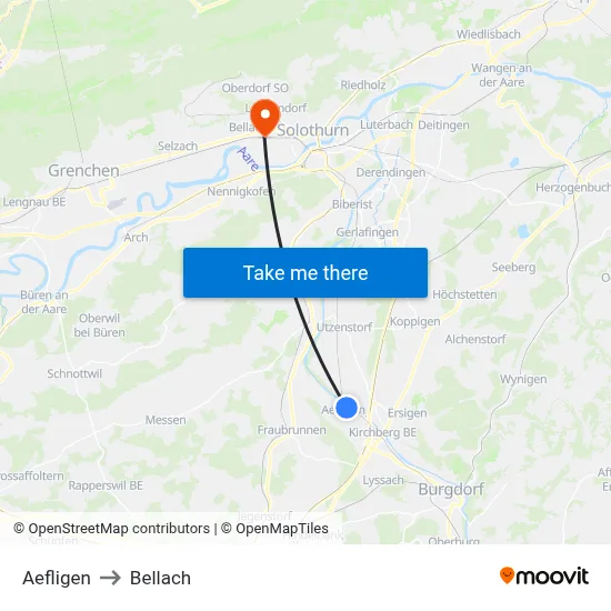 Aefligen to Bellach map