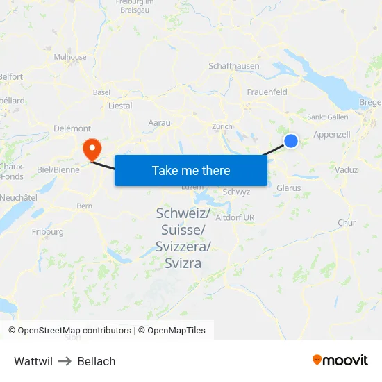 Wattwil to Bellach map