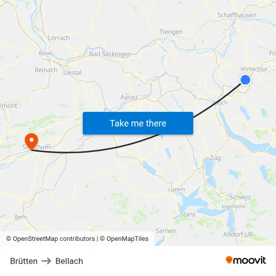 Brütten to Bellach map