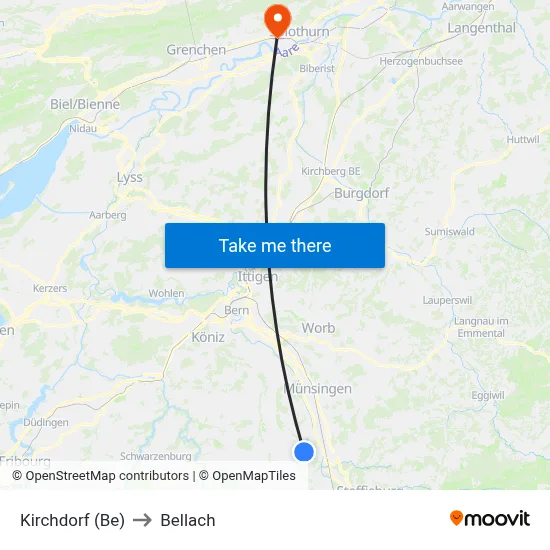 Kirchdorf (Be) to Bellach map