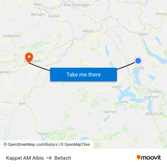 Kappel AM Albis to Bellach map