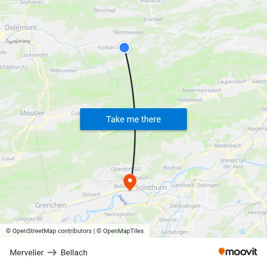 Mervelier to Bellach map