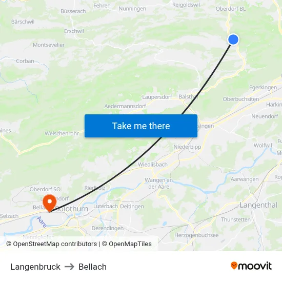 Langenbruck to Bellach map