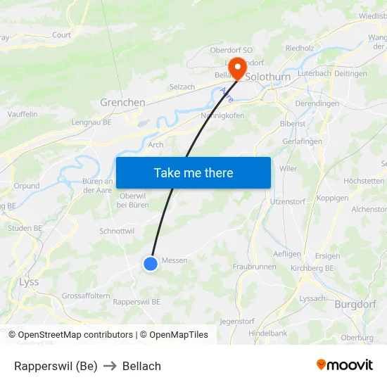 Rapperswil (Be) to Bellach map