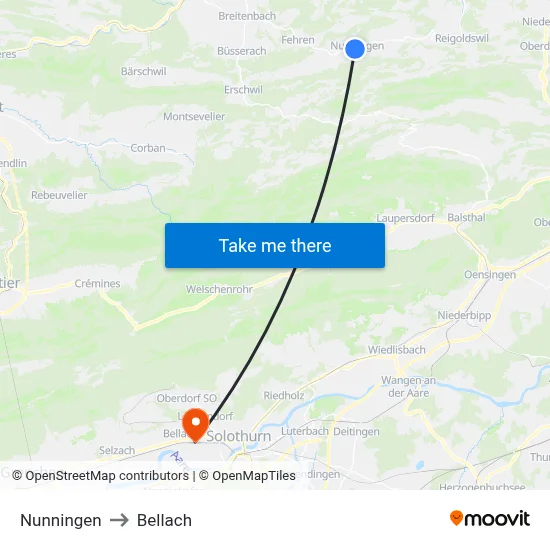 Nunningen to Bellach map