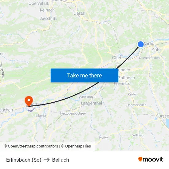 Erlinsbach (So) to Bellach map