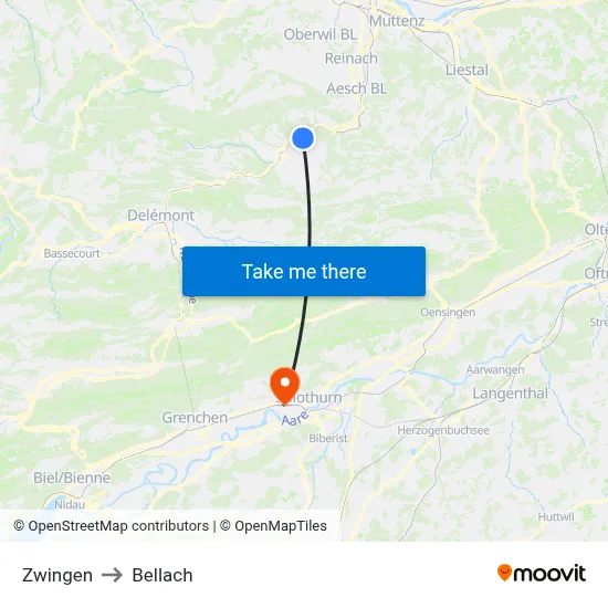 Zwingen to Bellach map