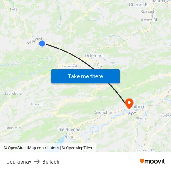 Courgenay to Bellach map