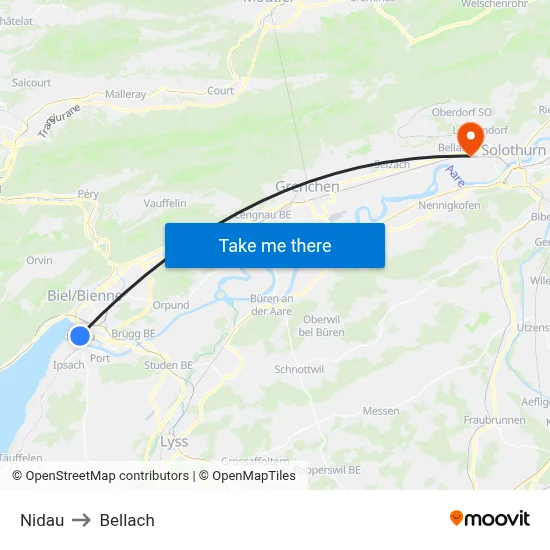 Nidau to Bellach map